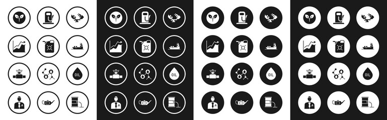 Fototapeta premium Set Wrecked oil tanker ship, Canister for motor, Oil price increase, Bio fuel, Petrol gas station, drop and Industry pipe and valve icon. Vector