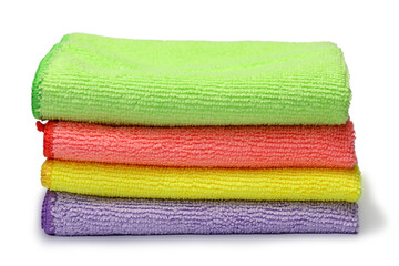 Stack of clean colorful microfiber cloths isolated on white background.