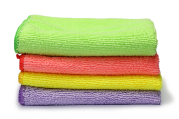 Stack of clean colorful microfiber cloths isolated on white background.