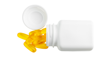 Yellow capsules of omega-3 with bottle, fatty acid pills, nutritional supplement, isolated on transparent background, top view