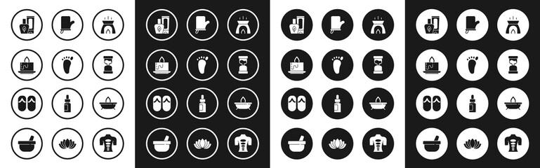 Set Aroma candle, Foot massage, Ointment cream tube, Old hourglass, Sauna mittens, and Flip flops icon. Vector