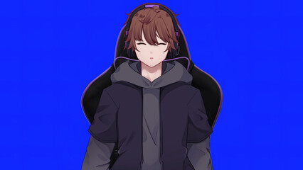 Male anime vtuber in gaming chair on blue screen with closed eyes