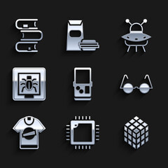 Set Tetris, Processor with CPU, Rubik cube, Eyeglasses, T-shirt, Insects in frame, UFO flying spaceship and Book icon. Vector