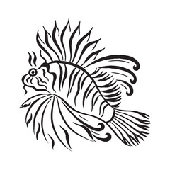 Fish lionfish stylized. Calligraphic black and white illustration isolated on white background. Linear painting. Emblem design on white background. Tattoo design.