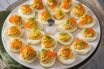 Gefüllte teuflische russische Eier mit Dill und orange Keta Lachs und gelb Saibling Kaviar auf Eierteller, Serviette grün, Silber Teller und Marmor Hintergrund hell