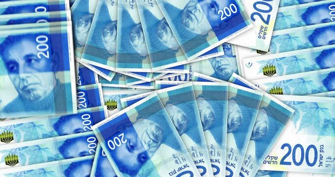 Israeli shekel banknotes in a cash fan mosaic pattern loop. Israel 200 NIS notes. Abstract concept of bank, finance, economy seamless and looped decorative design background.
