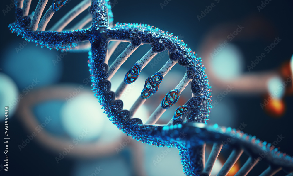 Aufkleber Concept of the evolution of human DNA in the distant future. View under the microscope. Blue helix background close-up. Generative ai