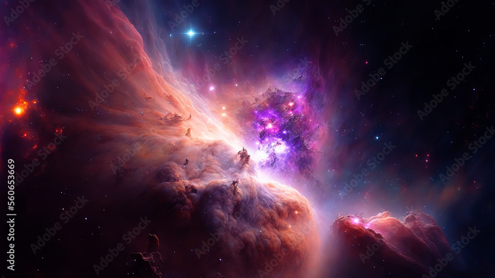 Poster Large panoramic view of a colorful dark blue nebula in space. Cosmic background with bright shining stars, galaxies and deep universe. Generative ai