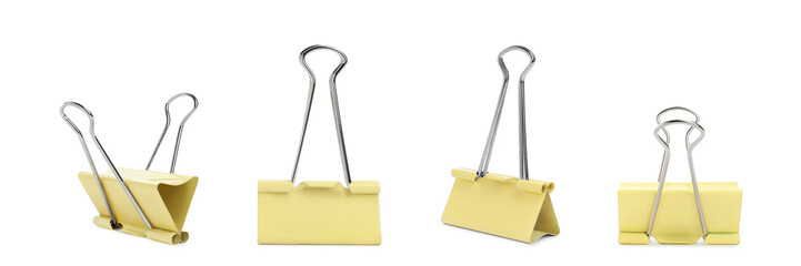 Set with yellow binder clips on white background. Banner design