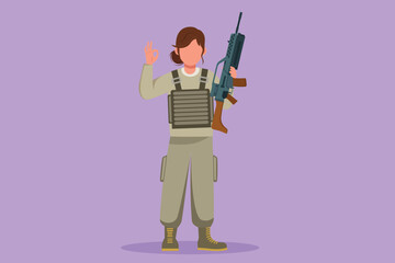 Obraz na płótnie Canvas Cartoon flat style drawing beauty female soldiers or army standing with weapons, full uniform, and okay gesture serving the country with strength of military forces. Graphic design vector illustration