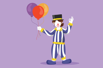 Character flat drawing funny female clown standing holding balloons with okay gesture wearing hat and clown costume ready to entertain audience in circus show arena. Cartoon design vector illustration - obrazy, fototapety, plakaty