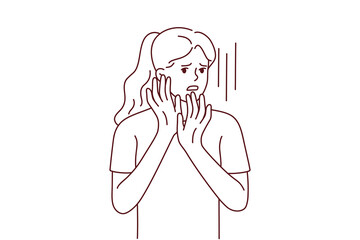 Scared young woman make hand gesture feeling terrified or frightened. Unhappy worried girl stressed show fear and astonishment. Vector illustration. 