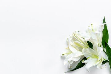 Branch of white lilies as symbol of the funeral. Mourning concept