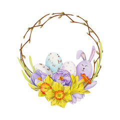 Watercolor hand drawn Easter celebration clipart. Circle wreath with eggs, bunnies, daffodil crocus flowers, leaves. Isolated on white background. Invitations, gifts, greeting cards, print, textile
