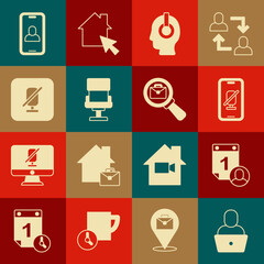 Set Freelancer, Time management, Mute microphone on mobile, Office chair, Video chat conference and Magnifying glass with briefcase icon. Vector