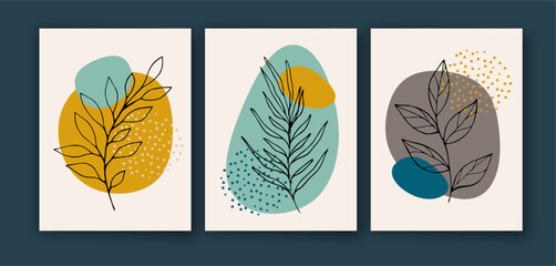 Set of creative minimalist hand painted illustrations with decorative branches, leaves and abstract color spots. For postcard, poster, poster, brochure, cover design.