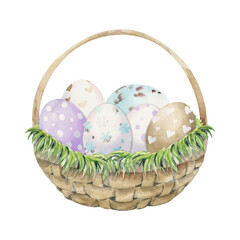 Watercolor hand drawn Easter celebration clipart. Basket with painted eggs, grass, bunnies, pastel color. Isolated on white background Design for invitations, gifts, greeting cards, print, textile