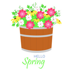 Wooden tub for flowers with bouquet with spring flower. Vector illustration.