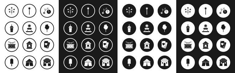 Set Vintage bicycle with one big wheel and one small, Attraction carousel, Paper glass drinking straw water, Fireworks, Cotton candy, Magic wand, Playing card and Drum drum sticks icon. Vector