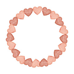 Watercolor hand drawn wreath of red, purple, pink and scarlet hearts for Valentine's day. Isolated on white background. Design for paper, love and greeting cards, textile, print, wallpaper, wedding