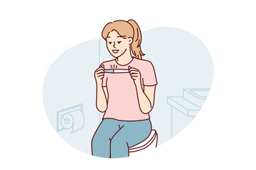 Positive woman happily looking at pregnancy test result. Casual girl sitting in toilet is relieved to learn about imminent birth of child or absence of signs of pregnancy. Flat vector illustration