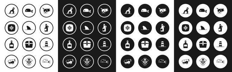 Set Cannon, Shark fin in ocean wave, Wind rose, Bottle with message water, Alcohol drink Rum, Pirate bandana for head, Lighthouse and icon. Vector