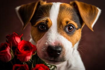 Portrait of a puppy with a flower or a heart, Women's Day. March 8, February 14, valentine's day greeting card with cute dog