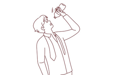 Thirsty man suffer from hot weather drinking last drops of water. Unwell male struggle with heatstroke outdoors. Vector illustration. 