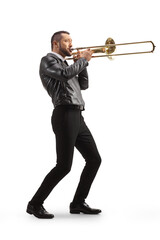 Full length shot of a modern male musician playing a trombone