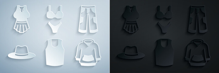 Set Undershirt, Pants, Man hat, Hoodie, Swimsuit and icon. Vector