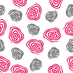 Spiral seamless vector pattern. Vector image on white background. Black and pink colors.