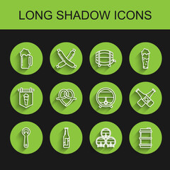 Set line Bottle opener, Beer bottle, Glass of beer, Wooden barrel on rack with stopcock, Metal keg, Pretzel, Crossed and icon. Vector
