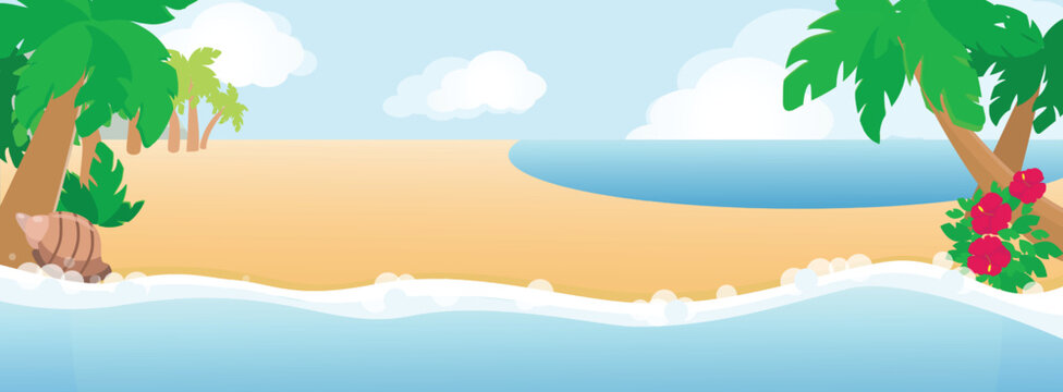 Horizontal banner tropical seashore and palm trees, hibiscus, sand and shell in cartoon style.