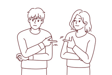 Couple point fingers at each other avoid responsibility in fight or argument. Stubborn man and woman put guilt on one another. Relationship problem. Vector illustration. 