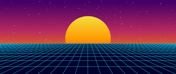 Digital retro landscape in 1980s style. Futuristic perspective grid. 80s Retro Sci-Fi background. Album cover or banner in the style of the 80-90s.