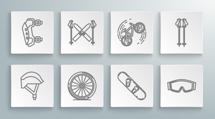Set line Bicycle helmet, Ski and sticks, wheel, Snowboard, goggles, trick, poles and Knee pads icon. Vector