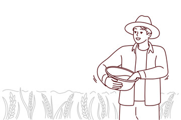 Male farmer working in field on harvest season. Smiling man busy with agriculture on pasture or cropland. Vector illustration. 