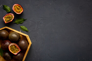 Cut in half slice of ripe fresh passion fruits, top view