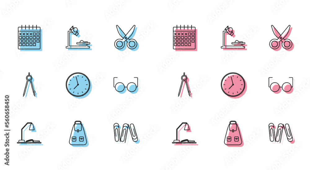 Poster Set line Workplace with table lamp and open book, School backpack, Calendar, Paper clip, Clock, Glasses, Drawing compass and Microscope icon. Vector