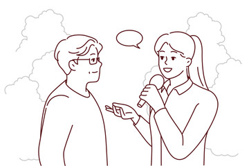 Female journalist with microphone interview elderly man in park. Woman with mic talk with old male on street. Vector illustration. 