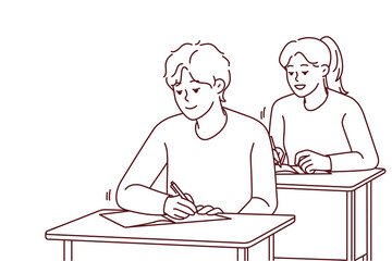 Smiling students sit at desk writing in notebooks on lesson in school. Happy pupils handwriting at class. Education and learning. Vector illustration. 