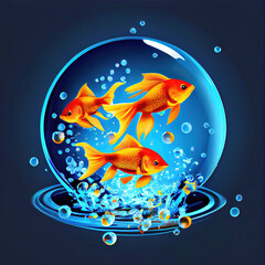 Three goldfish swimming in water bubble as abstract illustration (Generative AI)