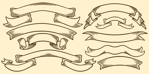 Hand drawing vintage ribbons sketch drawn elements.