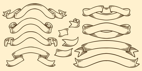 Hand drawing vintage ribbons sketch drawn elements.
