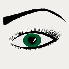 
Image of a human green eye, eyebrows, eyelashes and pupil in the form of a heart, drawn with an artistic brush