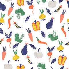 Vegetables seamless pattern. Healthy nutrition cartoon texture. Organic food scandinavian illustrations. Flat hand drawn Kitchen textile on the white background. 
