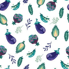 Vegetables seamless pattern. Healthy nutrition cartoon texture. Organic food scandinavian illustrations. Flat hand drawn Kitchen textile on the white background. 
