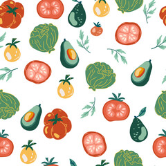 Vegetables seamless pattern. Healthy nutrition cartoon texture. Organic food scandinavian illustrations. Flat hand drawn Kitchen textile on the white background. 
