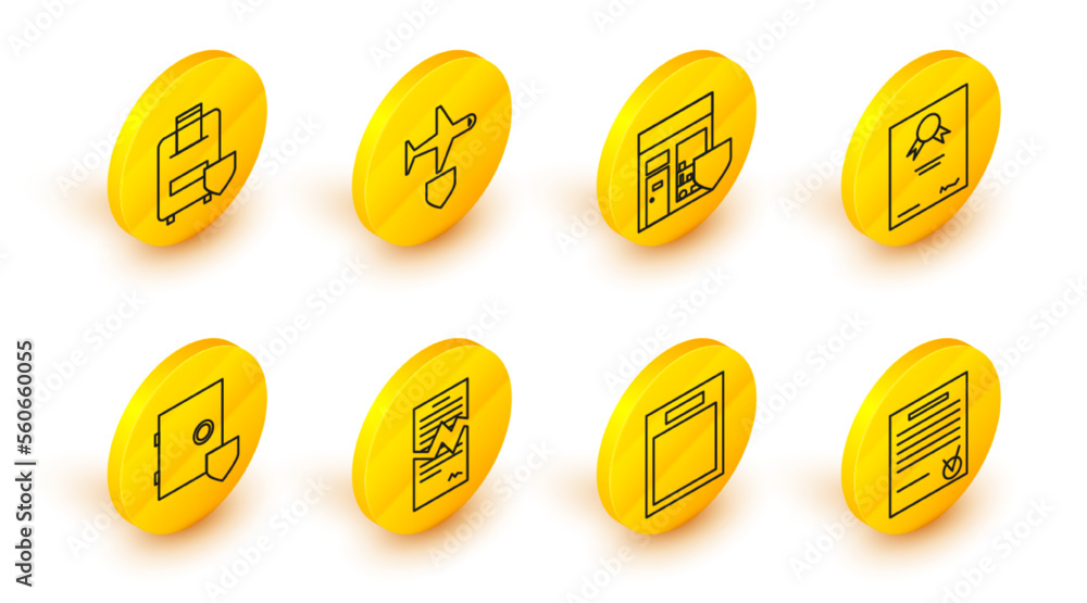 Poster set line confirmed document and check mark, empty form, torn contract, safe with shield, certificate