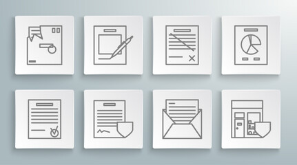 Set line Confirmed document and check mark, Blank notebook pen, Contract with shield, Mail e-mail, Shopping building, Delete file, Document graph chart and Ordered envelope icon. Vector
